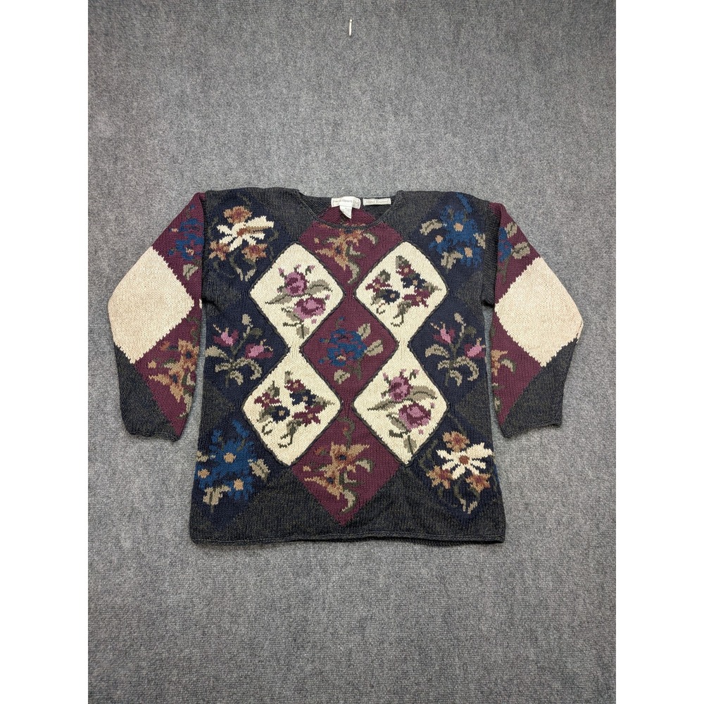 Vintage Paris Sport Club Sweater‎ M Hand Knitted Floral Diamond Chunky Cottage